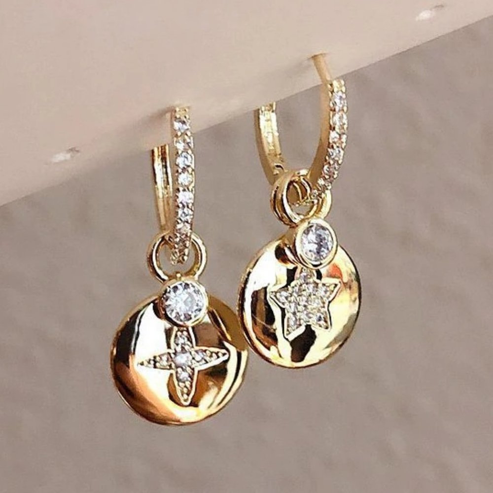 NEW Yellow Gold Diamond Star Coin Hoop Earrings